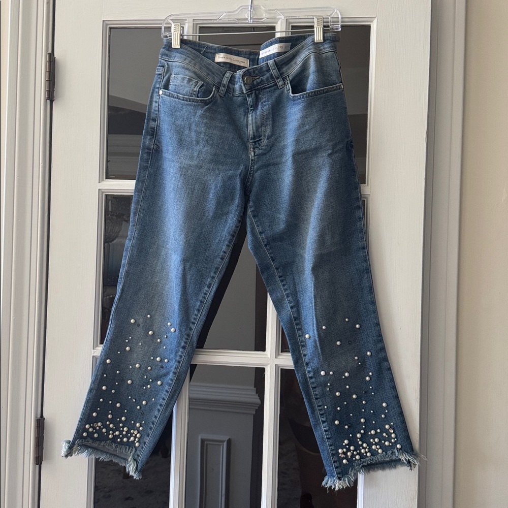 Pilcro And The Letterpress Jeans 29 Blue Hyphen Pearl Studded Mid Rise Raw Hem